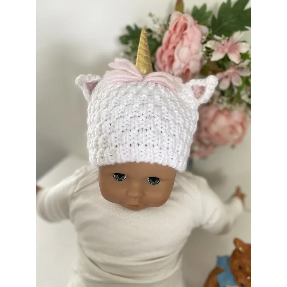 Baby OSFM‎ White Unicorn Gold Horn Pink Mane Beanie Hat Knitted Costume Cute EUC